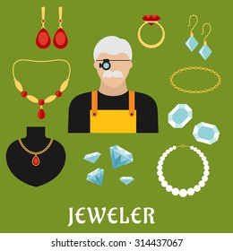 Jeweler profession concept with moustached man in magnifying glasses, surrounded by elegant gold ring, earrings, chains, pendant, bracelets and necklaces with diamonds, rubies and pearls. Flat style