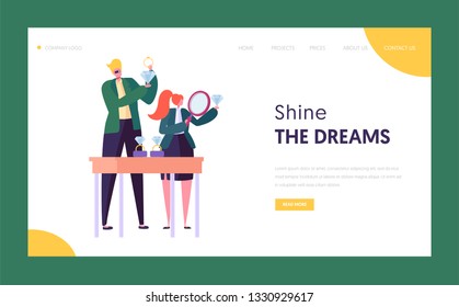 Jeweler Seller Hold Diamond Gem Landing Page. Make and Female Character at Gemstone Shop. Jewelry Industry Concept Website or Web Page. Lux Ring Wedding Symbol Flat Cartoon Vector Illustration