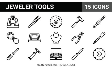 Jeweler Tools Icons Set: Ring, Tweezers, Hammer, Pliers, Files, Magnifier, Necklace Stand