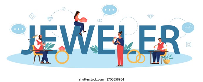 Jeweler typographic header concept. Idea of creative people and profession. Jeweler examining faceted diamond in workplace. Person working with precious stones. Vector illustration