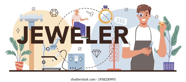 Jeweler typographic header. Goldsmith examining and faceting diamond
