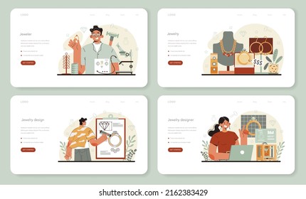 Jeweler web banner or landing page set. Precious stones jewelry designer. Expensive handmade finery. Goldsmith examining and faceting diamond with a craft tools. Flat vector illustration