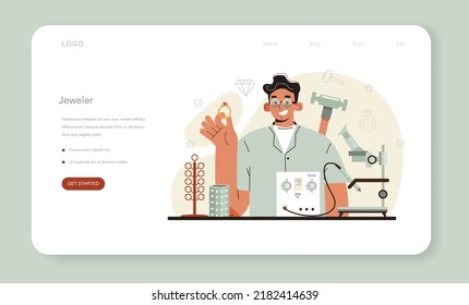Jeweler web banner or landing page. Precious stones jewelry designer. Expensive handmade finery. Goldsmith examining and faceting diamond with a craft tools. Flat vector illustration