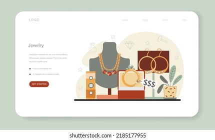 Banner web o página de inicio de Jeweler. Diseñador de joyas de piedras preciosas. Costoso cerezo hecho a mano. El orfebre examinando y faceteando diamantes con herramientas artesanales. Ilustración vectorial plana