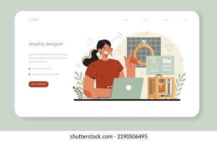 Jeweler web banner or landing page. Precious stones jewelry designer. Expensive handmade finery. Goldsmith examining and faceting diamond with a craft tools. Flat vector illustration