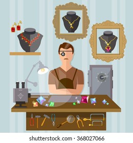 Jeweler at the workplace making jewelry vector illustration 