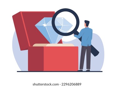 Jewelers appraiser looks at large diamond through magnifying glass. Man examines gemstone. Quality check process. Jewellery expert, male character cartoon flat isolated vector concept