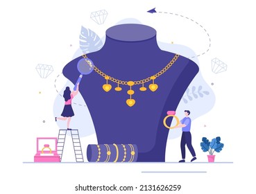 Jewelers Maker Jewelry Accessories Such as Necklaces, Earrings and Bracelets from Gems in Flat Style illustration for Poster Background