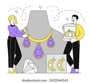 Jewelers with mannequin linear. Man and woman near dummy with necklace with diamonds and gemstones. Aesthetics and elegance. Simple flat vector illustration isolated on white background