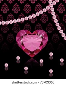 	Jewelery background with heart-shaped diamond and pearls