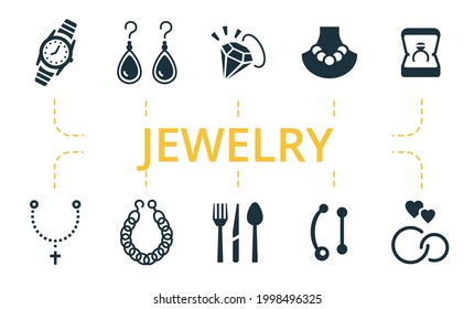 Jewelery icon set. Contains editable icons theme such as pearl necklace, drop earrings, religious jewelery and more.