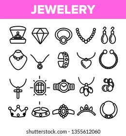 Jewelery Line Icon Set Vector. Diamond Luxury Jewelery Symbol. Gem Elegance Sign. Thin Outline Web Illustration