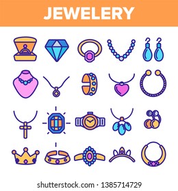 Jewelery Line Icon Set Vector. Diamond Luxury Jewelery Symbol. Gem Elegance Sign. Thin Outline Illustration