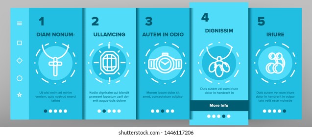 Jewelery Line Icon Set Vector Onboarding Mobile App Page Screen. Diamond Luxury Jewelery Symbol. Gem Elegance Sign. Thin Outline Illustration