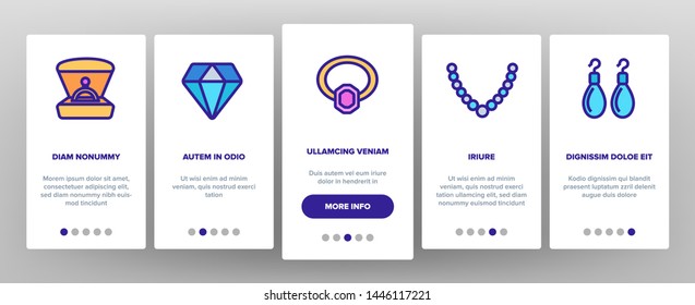 Jewelery Line Icon Set Vector Onboarding Mobile App Page Screen. Diamond Luxury Jewelery Symbol. Gem Elegance Sign. Thin Outline Illustration