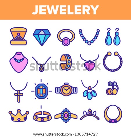 Jewelery Line Icon Set Vector. Diamond Luxury Jewelery Symbol. Gem Elegance Sign. Thin Outline Illustration