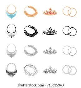 Jewelery necklace, gold chain, precious diadem, earrings. Jewelry and Accessories set collection icons in cartoon black monochrome outline style vector symbol stock illustration web.