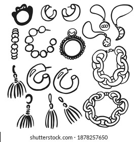 Joyería en blanco y negro. Cadenas, aretes de perlas, anillos y colgantes. Dibujo de dibujos animados de mano plana estilo doodle boceto simple estilo romántico moderno ilustración de moda colección de joyas