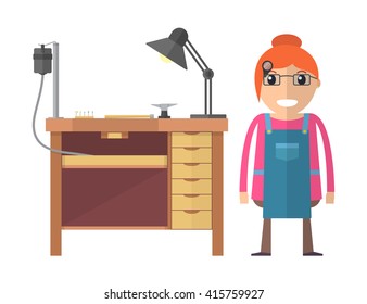 Jewellers bench and woman jeweller. Jewellers workplace. Jewellers table, lamp, anvil, hammer, milling cutters, drilling machine. Vector illustration