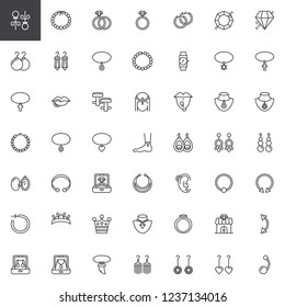 Jewellery accessories outline icons set. linear style symbols collection, line signs pack. vector graphics. Set includes icons as Diamond Earrings, Pearl necklace, Gemstone Ring, Bracelet, Piercing