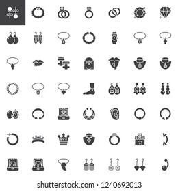 Jewellery accessories vector icons set, modern solid symbol collection, filled style pictogram pack. Signs, logo illustration. Set includes icons as Diamond Earrings, Pearl necklace, Gemstone Ring