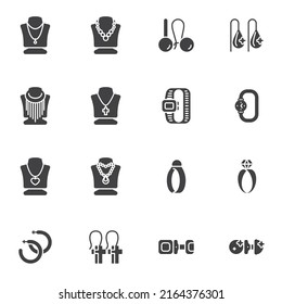 Jewellery and bijouterie vector icons set, modern solid symbol collection, filled style pictogram pack. Signs, logo illustration. Set includes icons as necklace, earrings, diamond ring, wristwatch