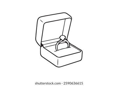 Jewellery Box vectors, An illustration in line style featuring an open jewelry box with a diamond ring inside, designed for wedding and Valentine’s events. Provided as an EPS vector format.