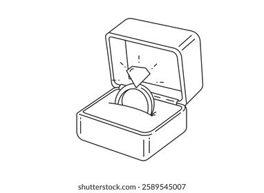 Jewellery Box vectors, jewelry box complete with diamond ring inside. Line style, illustration of opening jewelry box, for wedding and valentine event. eps vector