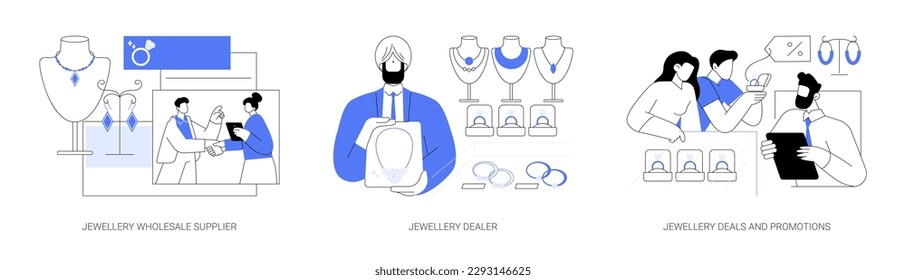 Jewellery business abstract concept vector illustration set. Jewellery wholesale supplier, dealer shop, deals and promotions, choosing diamond rings and necklace, precious metals abstract metaphor.