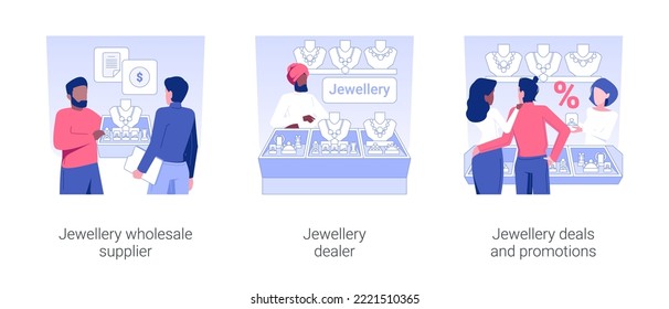 Conjunto de ilustraciones vectoriales del concepto aislado del negocio de las joyas. Proveedor mayorista de joyería, tienda de comercios, ofertas y promociones, elección de anillos y collar de diamantes, dibujos animados vectores de metales preciosos.