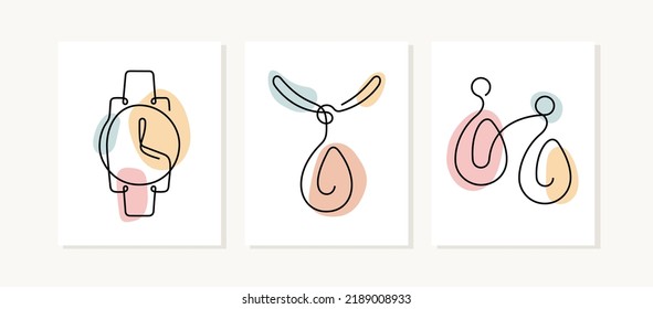 Jewellery continuous line posters. Watches, necklace, earrings artistic fashion illustrations.