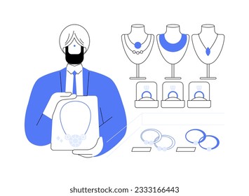 Jewellery dealer abstract concept vector illustration. Dealer selling expensive jewellery in luxury store, distributorship agreement, shiny diamond rings, precious necklace abstract metaphor.