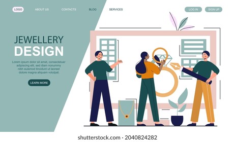 Jewellery design concept. Men present girl with gold ring. Landing page templates, graphic element for website. Jewelry luxury shop. Cartoon flat vector illustration isolated on white background