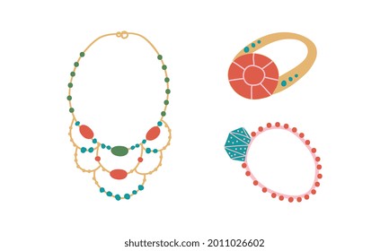 Jewellery or Jewelry Item as Personal Adornment with Necklace and Ring Vector Set