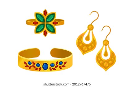 Jewellery or Jewelry Item as Personal Adornment with Earrings and Ring Vector Set