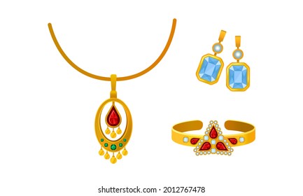 Jewellery or Jewelry Item as Personal Adornment with Earrings and Pendant Ornament Vector Set