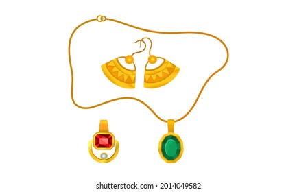 Jewellery or Jewelry Item as Personal Adornment with Earrings and Pendant Ornament Vector Set