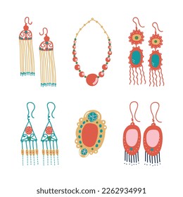 Jewellery or Jewelry Item as Personal Adornment with Necklace, Brooch and Earring Vector Set