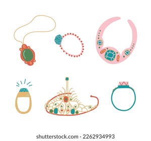 Artículos de joyería o joyería como Adoramento Personal con collar, Diadem y Ring Vector Set