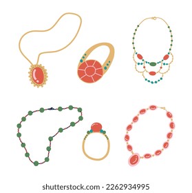 Jewellery or Jewelry Item as Personal Adornment with Necklace and Ring Vector Set
