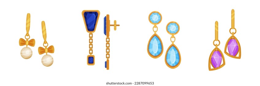 Jewellery or Jewelry Item as Personal Adornment with Earrings and Pendant Ornament Vector Set