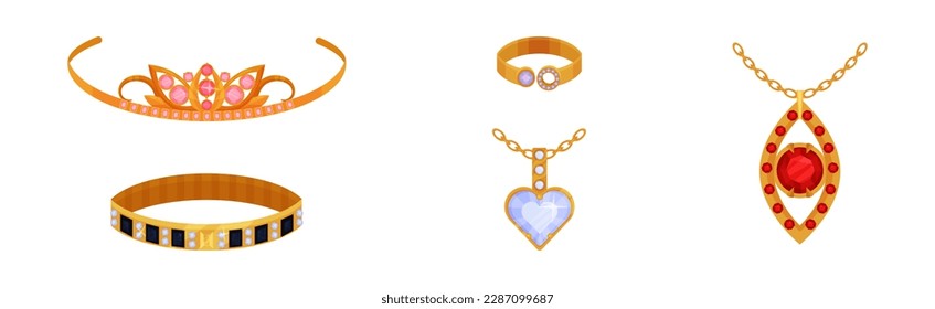 Jewellery or Jewelry Item as Personal Adornment with Bracelet and Pendant Ornament Vector Set