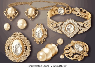 Jewellery or Jewelry Item as Personal Adornment ,set of earrings with gems, diamonds Vector art illutration on white background.
