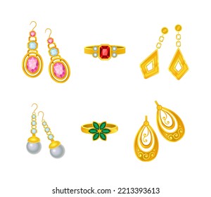 Jewellery or Jewelry Items and Personal Adornment with Ring and Earrings Vector Set