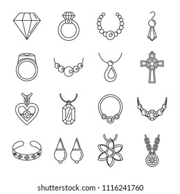Jewellery necklace luxury icons set. Outline illustration of 16 jewellery necklace luxury vector icons for web