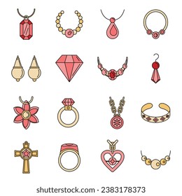 Jewellery necklace luxury icons set. Outline illustration of 16 jewellery necklace luxury vector icons thin line color flat on white