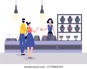 Jewellery Shop With Seller Behind Counter And Couple Buying Jewelries, Flat Vector Illustration. Characters Of People Purchasing Gold In Jewelry Store Or Pawnshop.