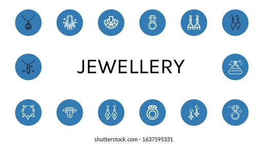jewellery simple icons set. Contains such icons as Necklace, Wedding ring, Earrings, Piercing, Ring, Diamond ring, can be used for web, mobile and logo
