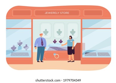 Jewellery store flat vector illustration. Saleswoman and rich customer standing in luxury shop interior full of expensive accessories in shopping mall. Luxury, jewelry, richness, fashion concept