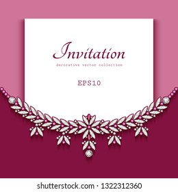 Jewellery vector background with ornate border decoration, jewelry frame with diamonds and ruby gems, vintage wedding invitation or save the date card template